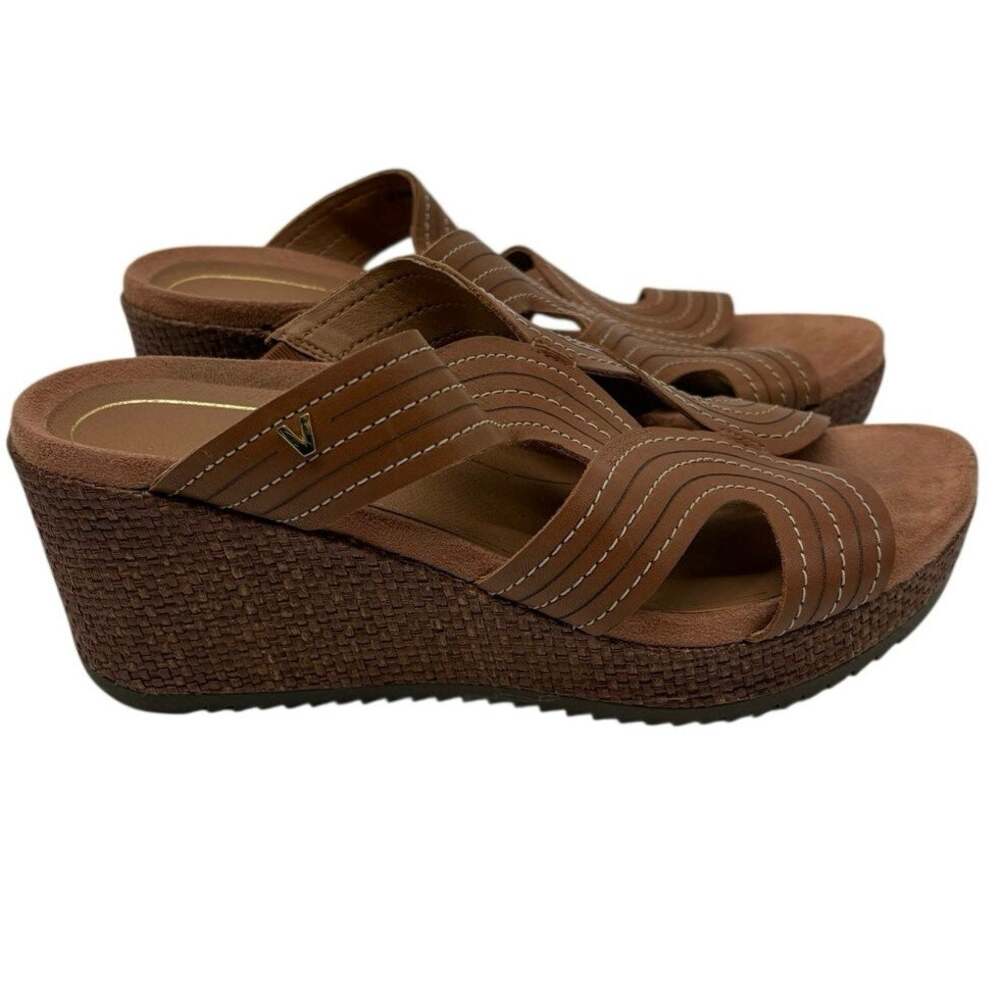Vionic Malorie Leather & Raffia Slide Wedge Brown 8.5 Women’s